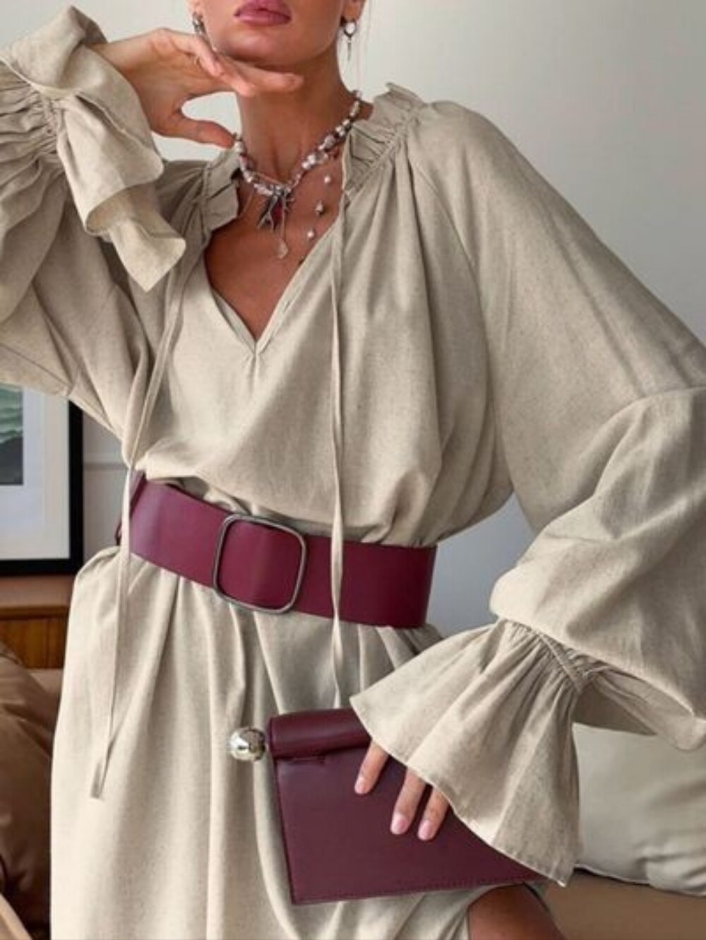 Women's Cream Long Sleeve Ruffle Cuff Dress with Burgundy Belt - Picture 3 of 8